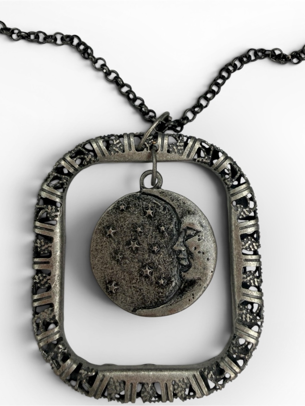 Vintage-Inspired Moon Pendant Necklace in Antiqued Silver